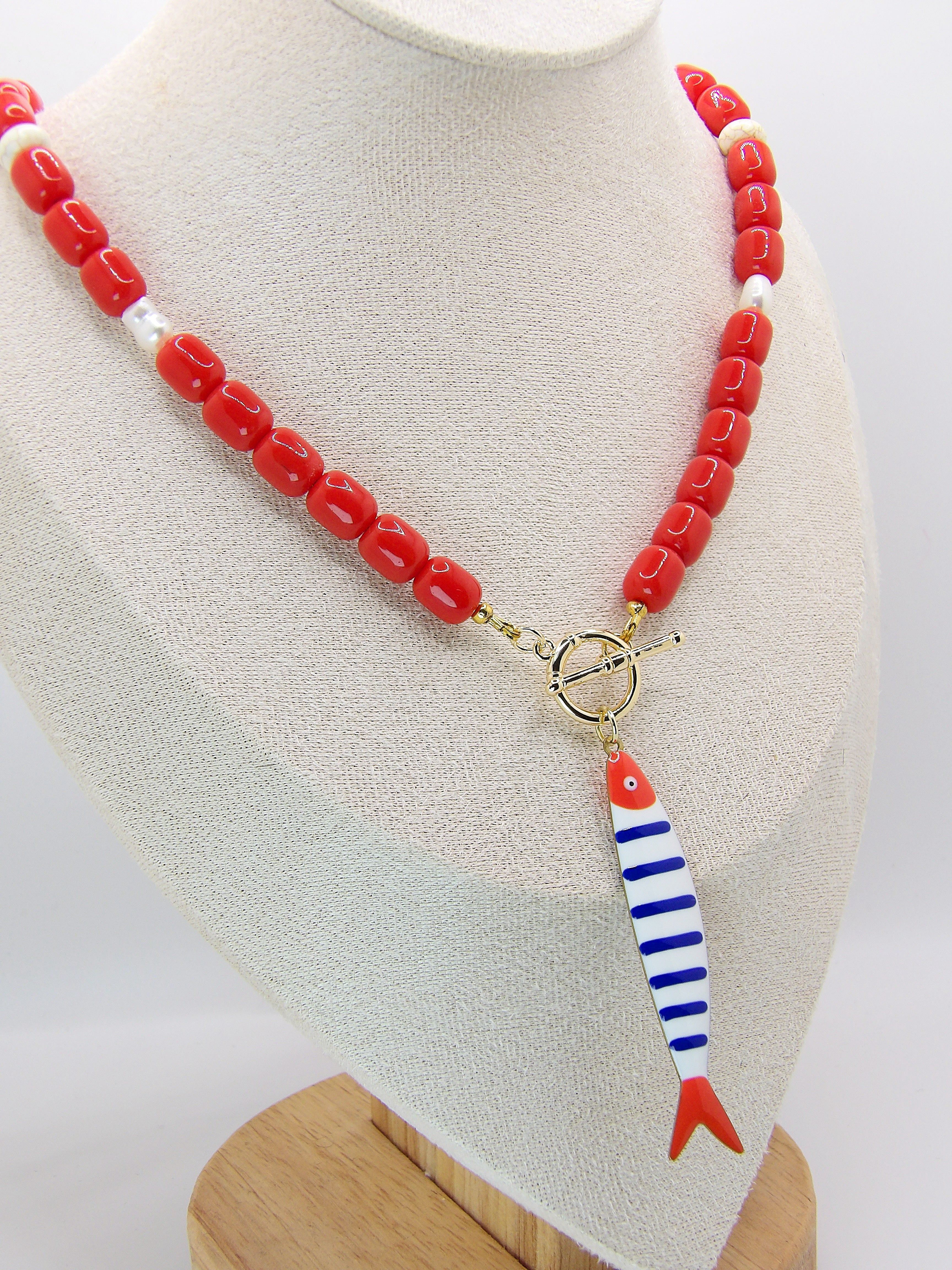 OCEAN MUSE Necklace | Red Beads, Fish Pendant & Toggle clasp