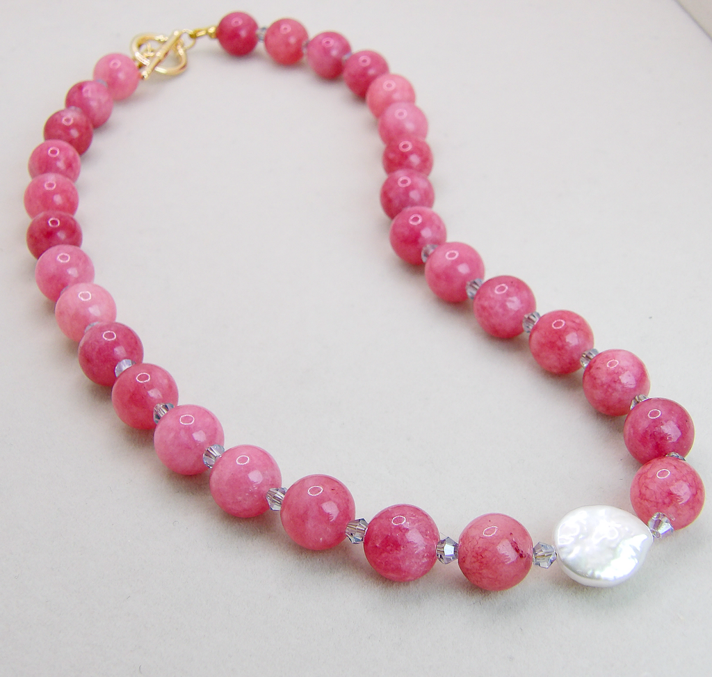 SELENE Necklace | Pink Jade Gem Beads & Pearl
