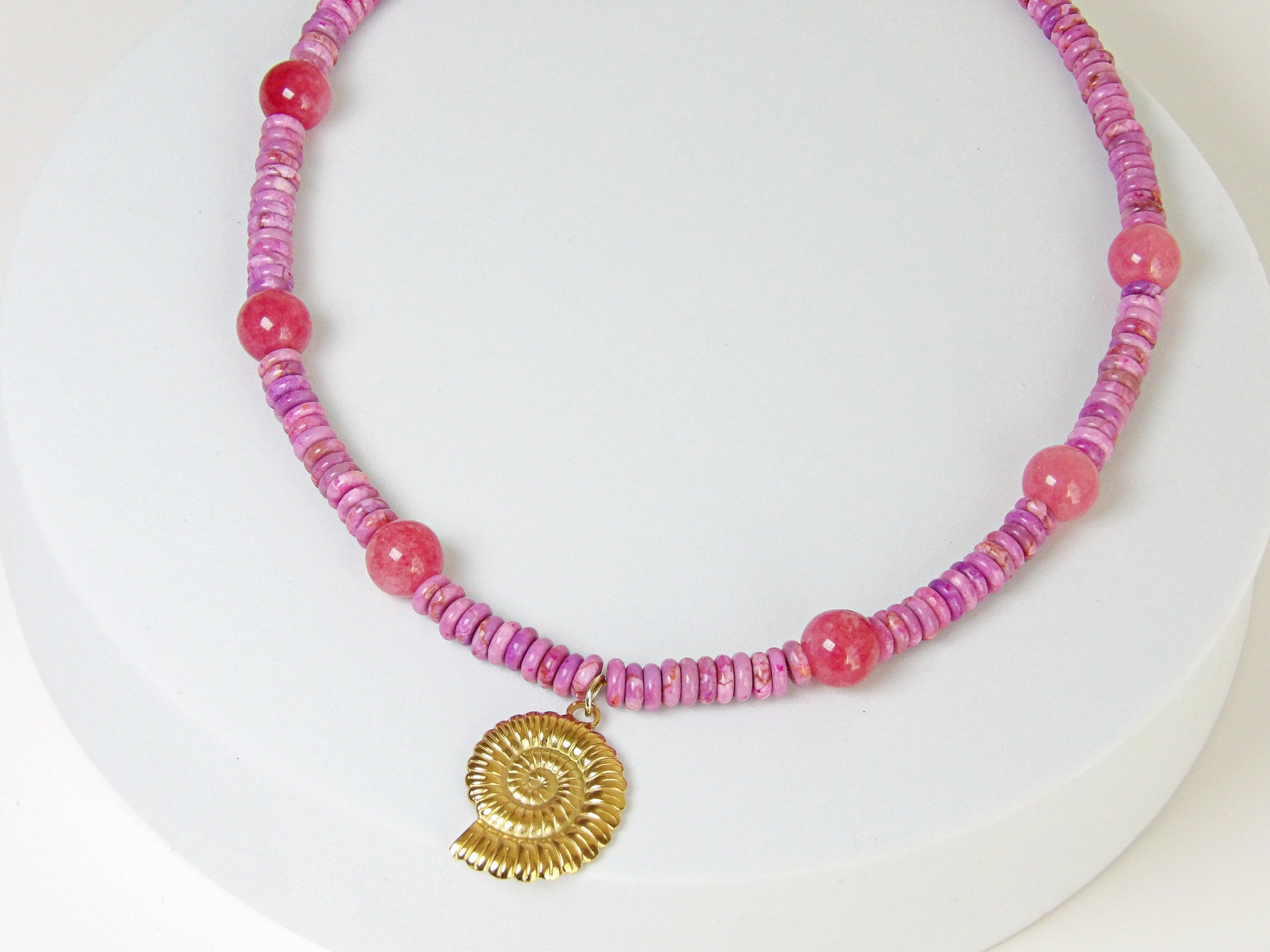 Gypsy Seas Necklace | Pink Jade & Ammonite Pendant
