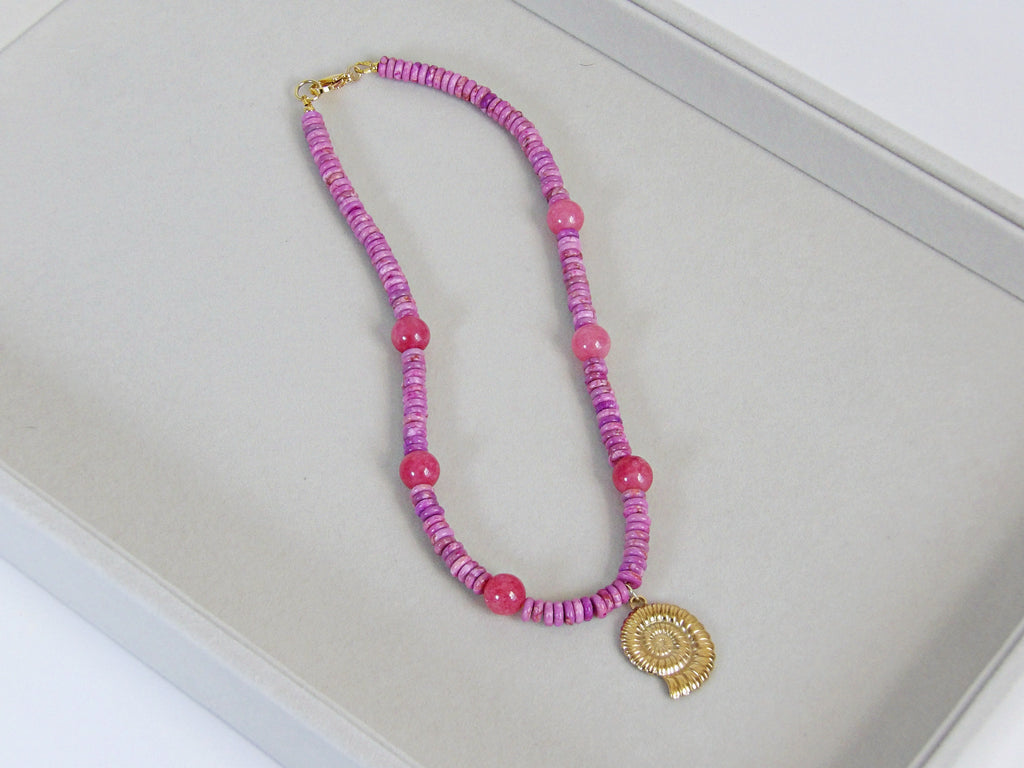 Gypsy Seas Necklace | Pink Jade & Ammonite Pendant