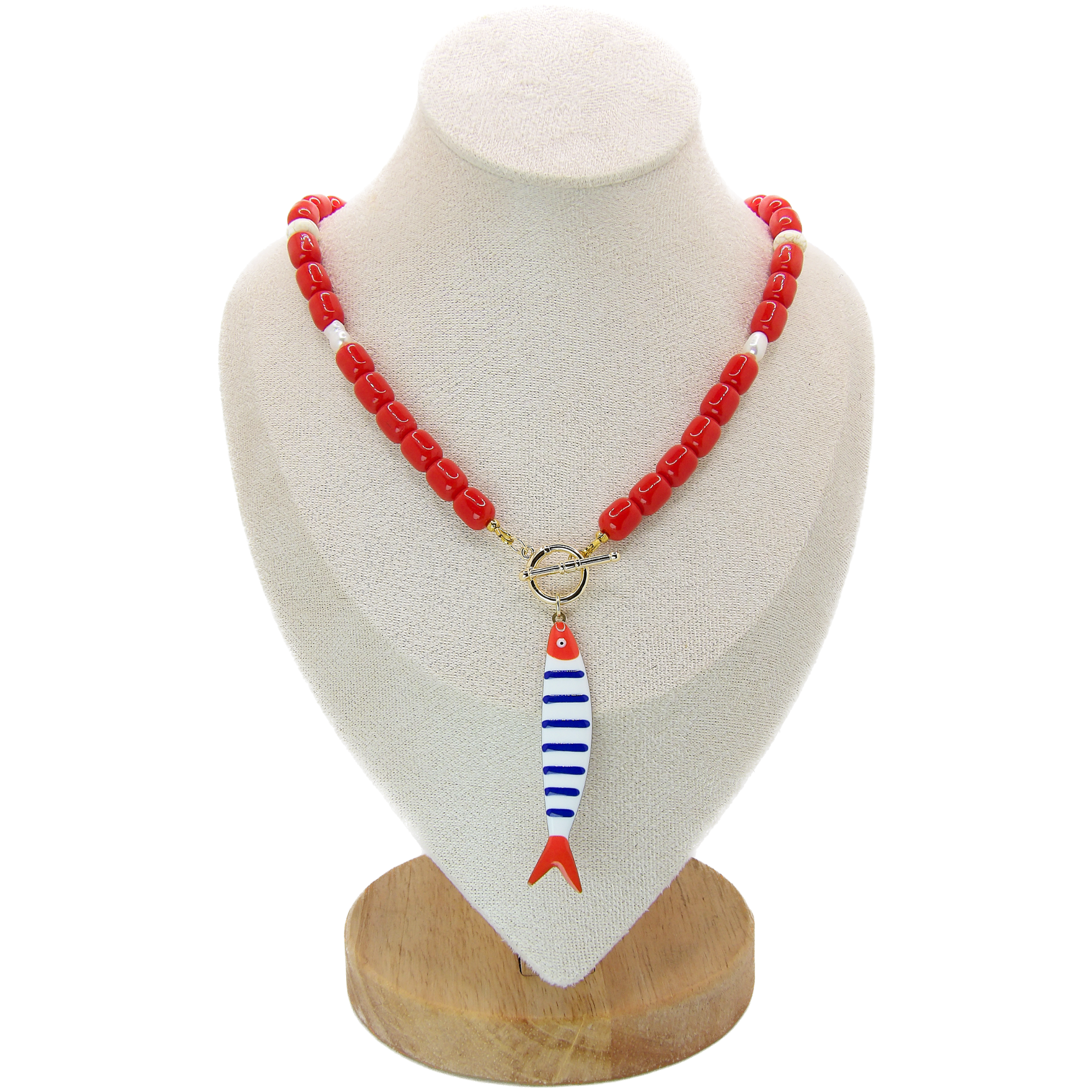 OCEAN MUSE Necklace | Red Beads, Fish Pendant & Toggle clasp